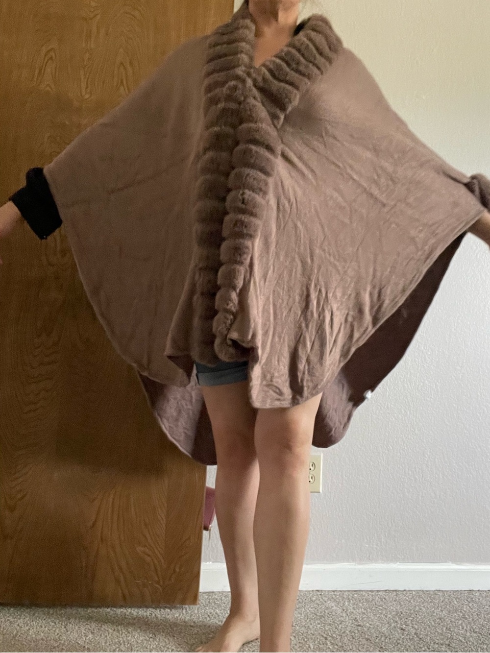 Cozy Taupe Faux Fur Trim Cape